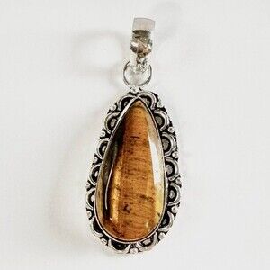 TIGER’S Eye Genuine Stone Pendant 925 Sterling Silver Plated